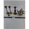 Image 1 : Vintage Brass Candle Holders & Dinner Bell, Silver Plated Vase, Pewter Tea Pot