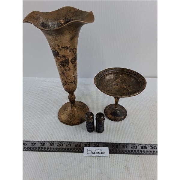 Vintage Silver Plated Vase, Footed Dish, S&P Shakers