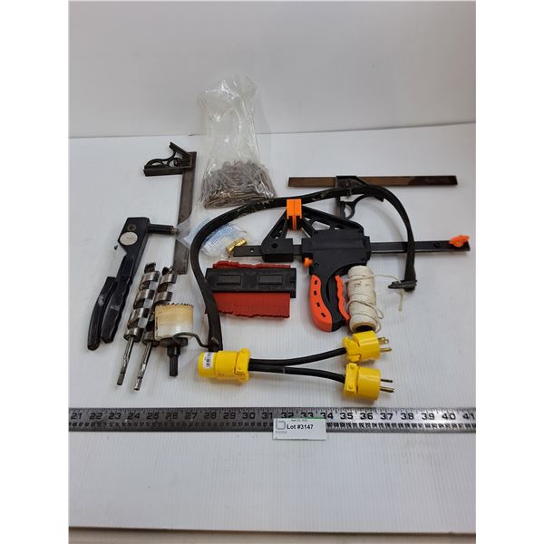 Assorted Tools (Bostik Gun, Carpenter's Squares, Drill Bits, Misc.)