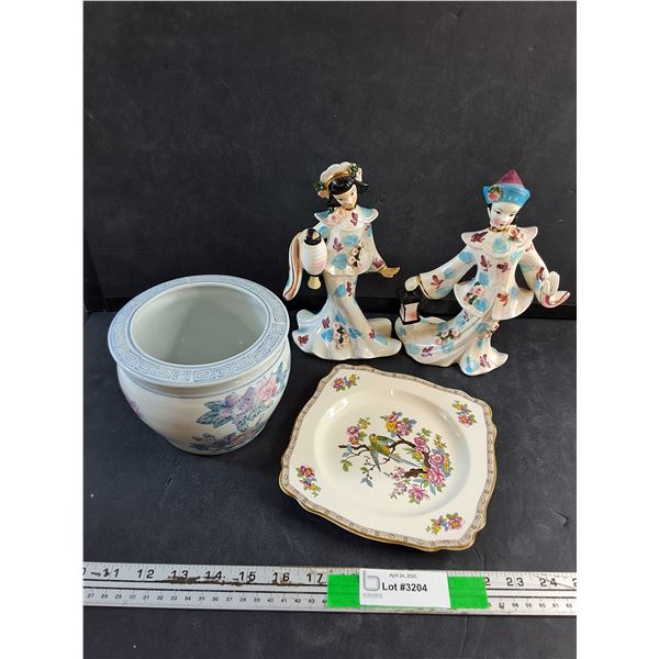 (2) Porcelain Figurines, Ceramic Planter and Crown Ducal Plate
