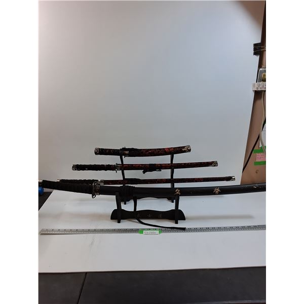 (4) Decorative Katana Style Swords & Displays - Some Wear, As Is