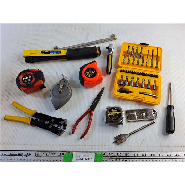 Drill Bit Set, Measuring Tapes, Roofing Stapler, Ratchet Wrench, Chalk Line and Misc