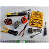Image 1 : Drill Bit Set, Measuring Tapes, Roofing Stapler, Ratchet Wrench, Chalk Line and Misc