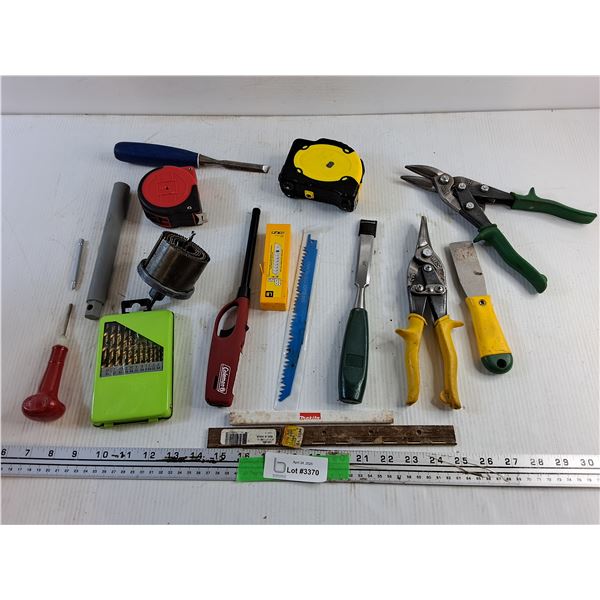 Pruning Saw Blade, Various Drill Bits, Chisels, Measuring Tapes, Tin Shears and Misc