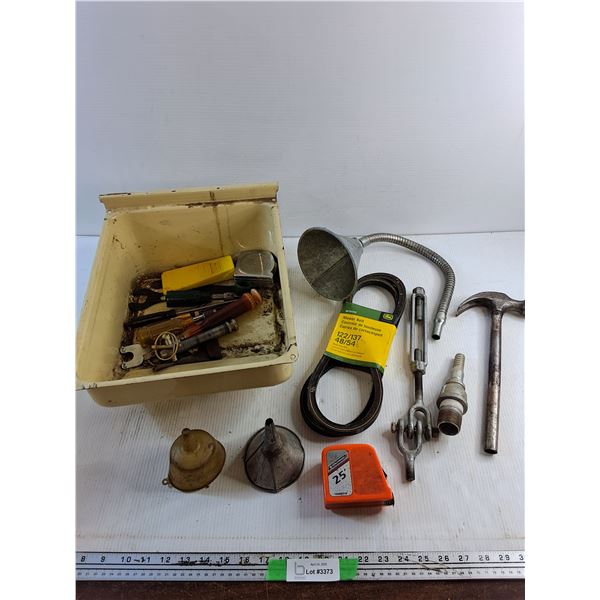 Fuel Funnels, Hammer, Mower Belt, Measuring Tape, Screwdrivers and Misc
