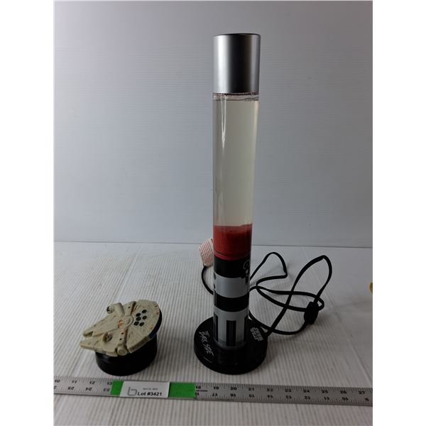 (2) Star Wars Lights Millenium Falcon-( As Is ) & Lightsaber Style Lava Lamp- Powers On