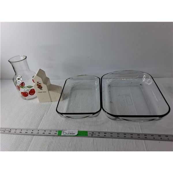 (2) Glass Casserole Dishes Up to 16" Long, Pitcher, Elevator Coin Bank