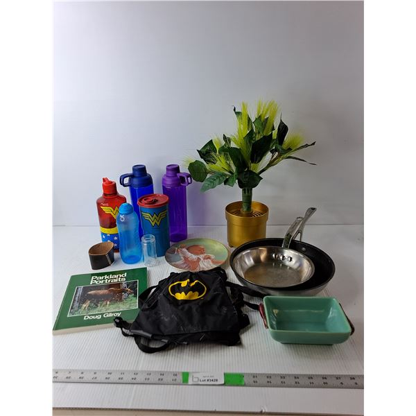 Artificial Plant Light- As Is, (5) Water Bottles, (2) Frying Pans,Misc.