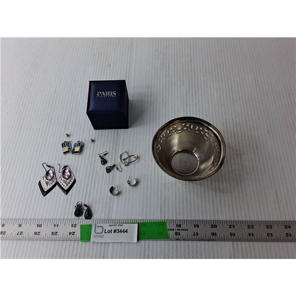 (6) Sets of Earrings, Silver Bowl 4"