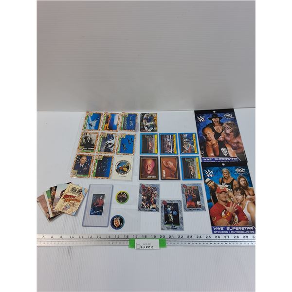 Lot: Football Cards,  WWE Stickers, Indiana Jones Cards, Michael Jackson Sticker, Star Trek Tokens &