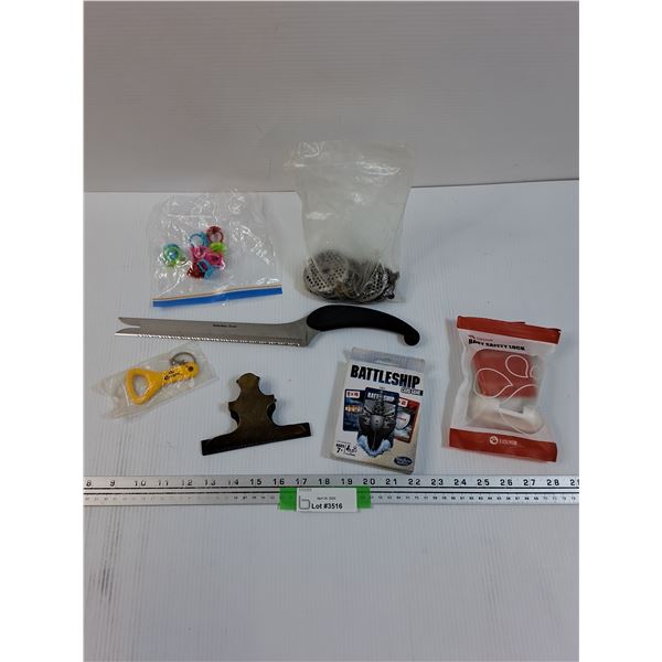 Lot: Bread Knife, Battleship Card Game, Baby Gate Lock (As Is) Meat Grinder Discs, Misc