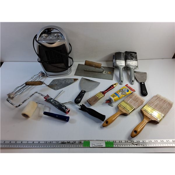 Heater, Paint Brushes, Dry Wall Tools and Paint Roller