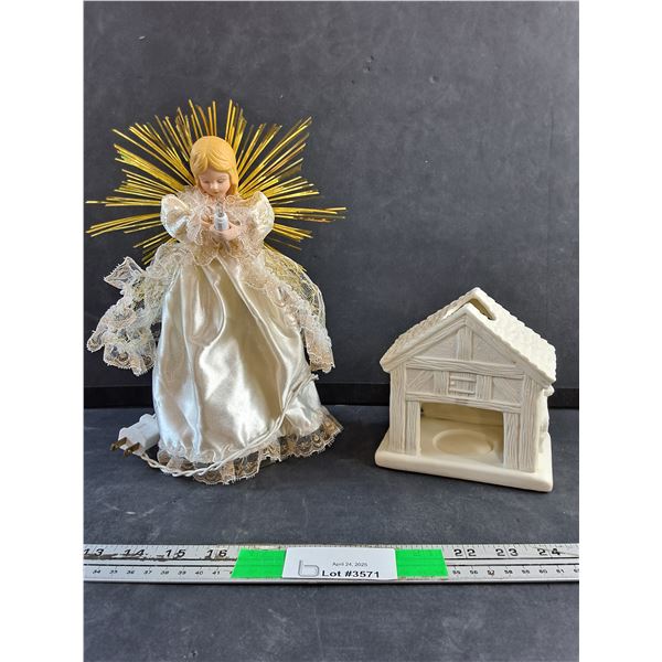 Light Up Christmas Angel Decoration and Ceramic Candle Holder