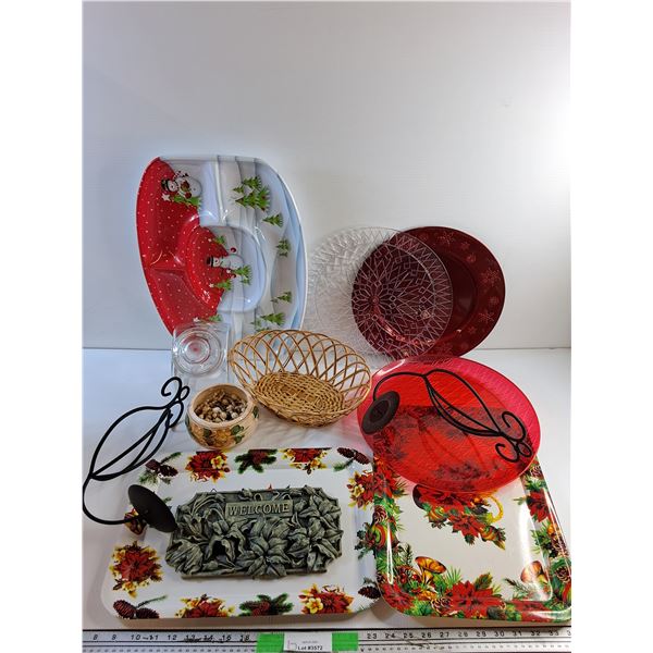 Serving Platters, Trays, Wicker Basket, Ceramic Bowl, Candle Holders and Misc