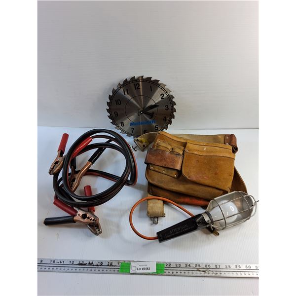 Jumping Cables, Mastercraft Clock, Trouble Light - Tested and Carpenters Belt
