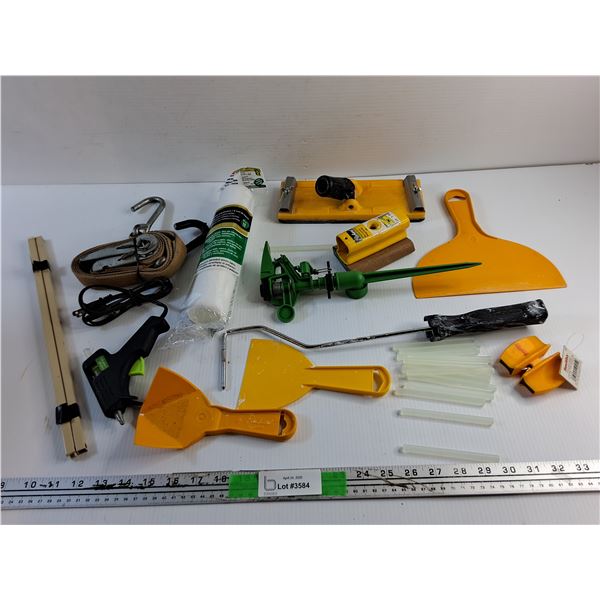 Ratchet Strap, Paint Roller, Glue Gun with Glue Sticks, Dry Wall Tools and Misc
