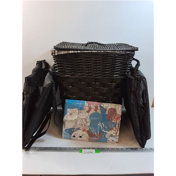 Wicker Laundry Hamper, Kitten Shower Curtain & (2) Bench Sitting Seats