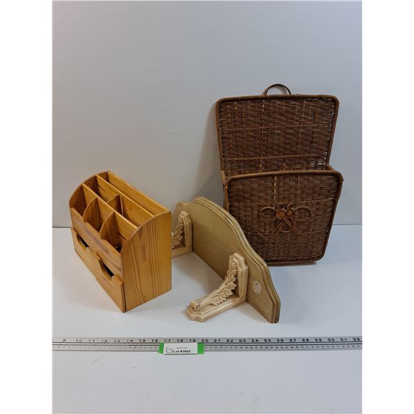 Wood Desk Organizer, Shelf, Wicker Wall Magazine Holder