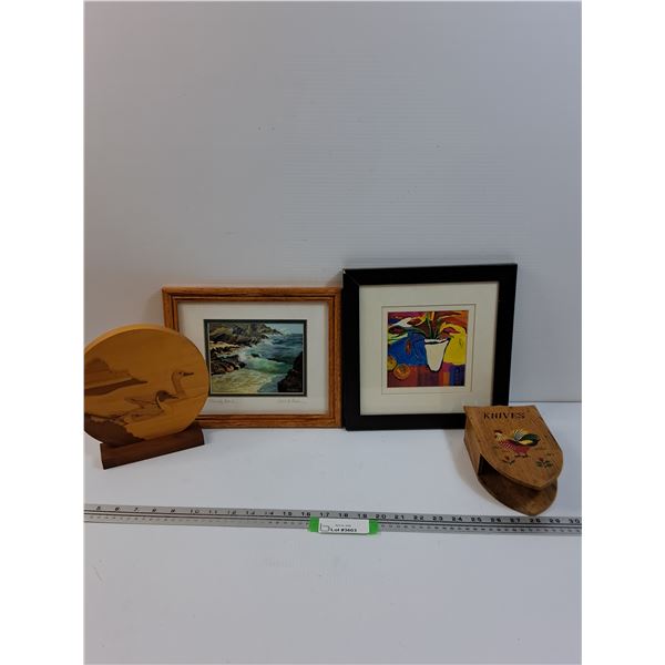 (2) Pictures, Wood Duck Inlay Decor, Rooster Knife Holder