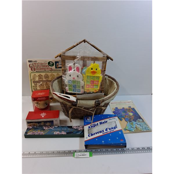 Seasonal Holiday Items in Wicker Basket: Easter, Christmas