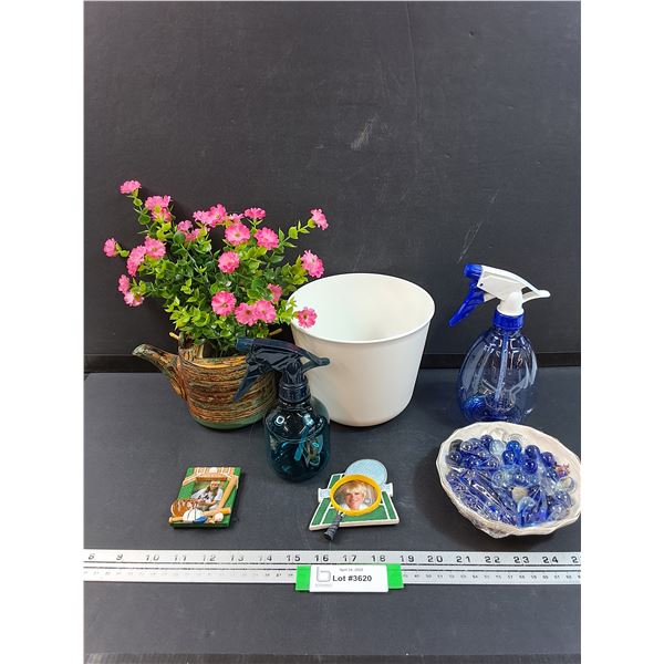 Lot: Teapot w/Faux Flowers, Planter Pot, (2) Water Spritzer, Marbles, Picture Frames
