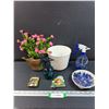 Image 1 : Lot: Teapot w/Faux Flowers, Planter Pot, (2) Water Spritzer, Marbles, Picture Frames