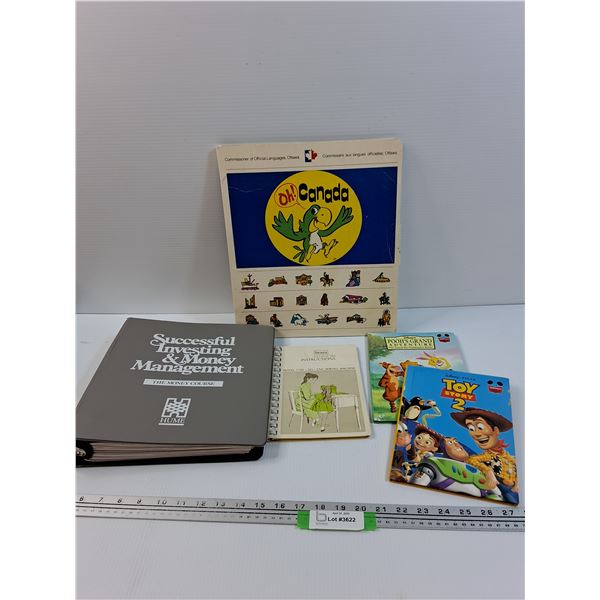 (2) Disney Childrens Books, Sears Kenmore Sewing Machine Manual, Investing Binder, Oh Canada Le