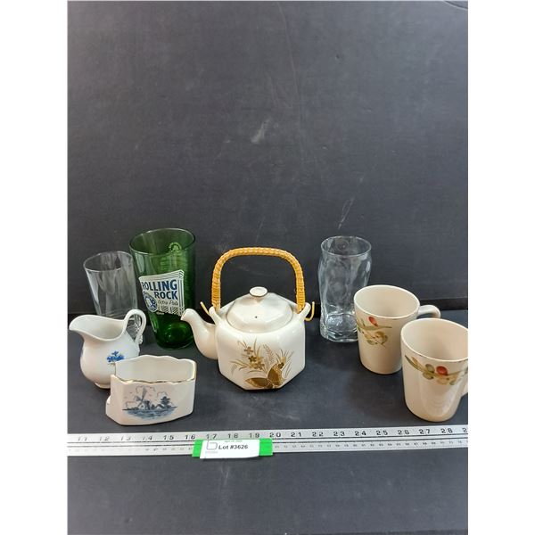 Dishes Lot: Butterfly Teapot, Rolling Rock Glass, Blue Delft Napkin Holder, Misc