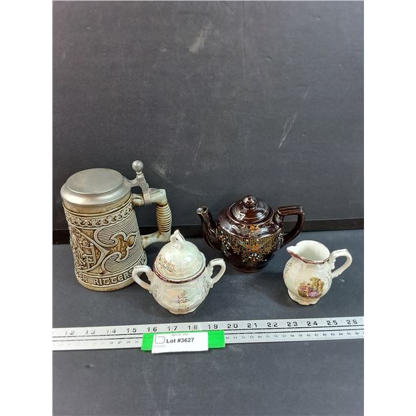 West Germany Beer Stein, Japanese Teapot, Iridescent Creamer & Sugar Bowl Set