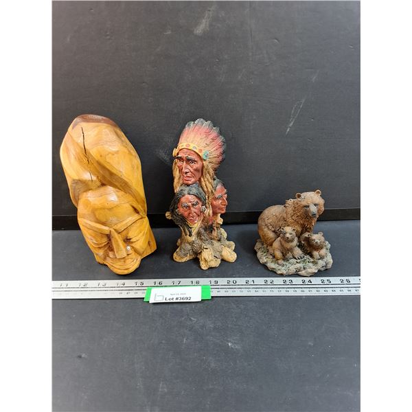 (3) Statues: Indigenous, Bears, African Head