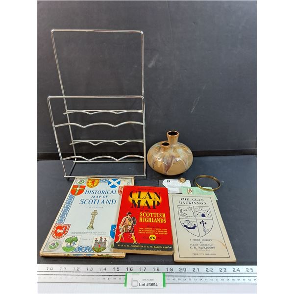 Wine Rack, Vase, (3) Clan Books, Misc