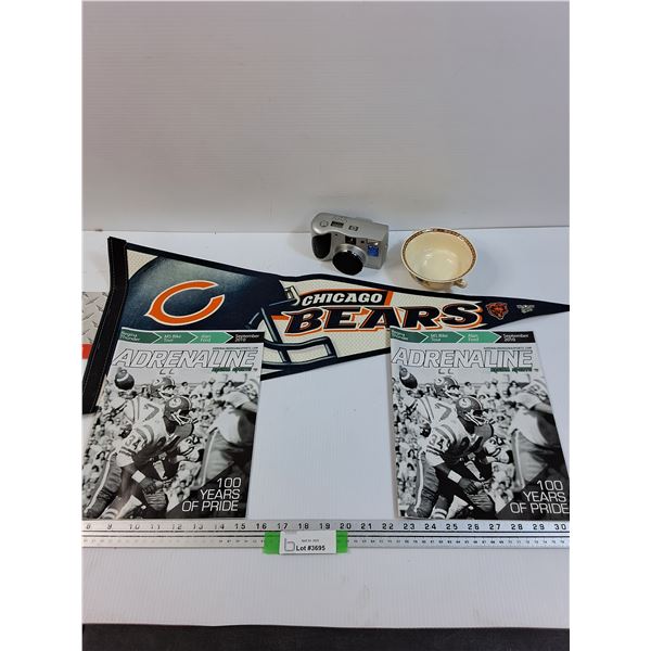 Chicago Bears Pennant, HP Photosmart 715 Camera, (2) Saskatchewan Roughriders Magazines