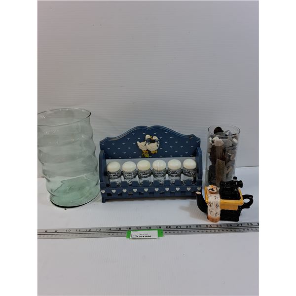 Goose Spice Rack, Sewing Machine Teapot, (2) Vases & Rocks