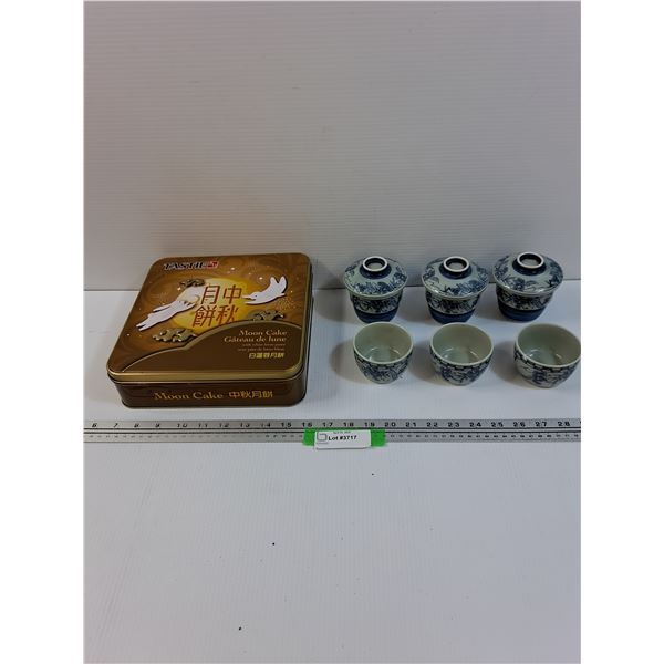 (6) Ceramic Asian Soup Bowls & (3) W/Lids, Moon Cake Collectors Tin