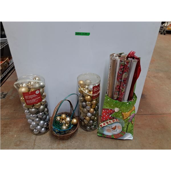 *Christmas Tree Ornaments, Wicker Basket and Gift Wrappers