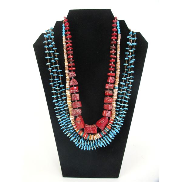 Triple Strand Turquoise Style Necklace- Red Coral Necklace- Beaded Necklace- Case Does Not Sell