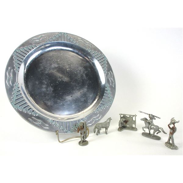 14" Wilton Armetale Pewter Plate- 5 Native Pewter Figurines