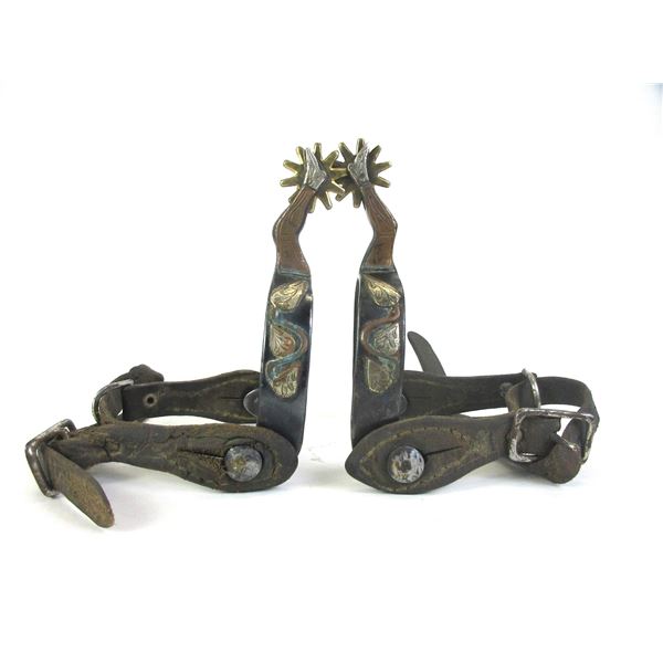 Unmarked Overlaid Lady Leg Spurs- .75" Bands- 2" Shanks- 1.2" 10 Point Rowels- Straps- Fair Conditio