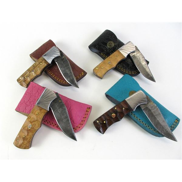 4 New Damascus Folding Lock Blade Knives With Sheaths- 3" Blades