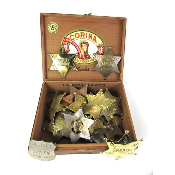 Corina Cigar Box With Reproduction Badges- Deer Buttons- Arrow Heads- Metal Buttons