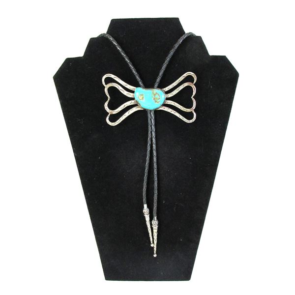 Marked Bennett Butterfly Turquoise Bolo Tie- Engraved