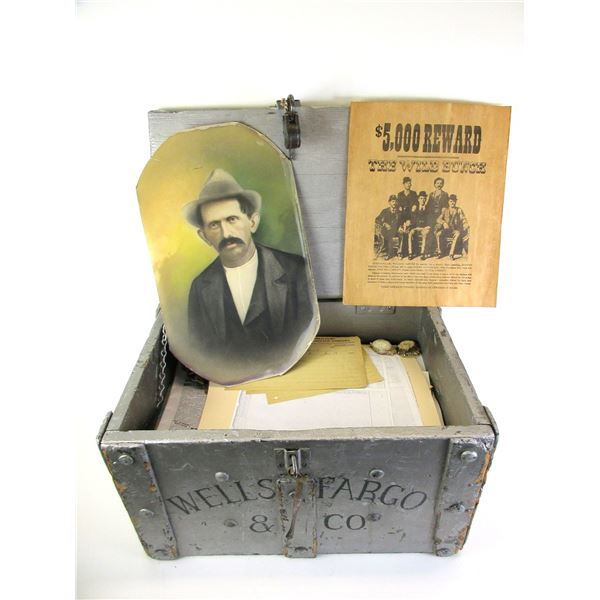 Wells Fargo + Co Marked Wooden Box- Old Newspapers- Arrowheads- Deer Buttons- Metal Buttons- Telegra