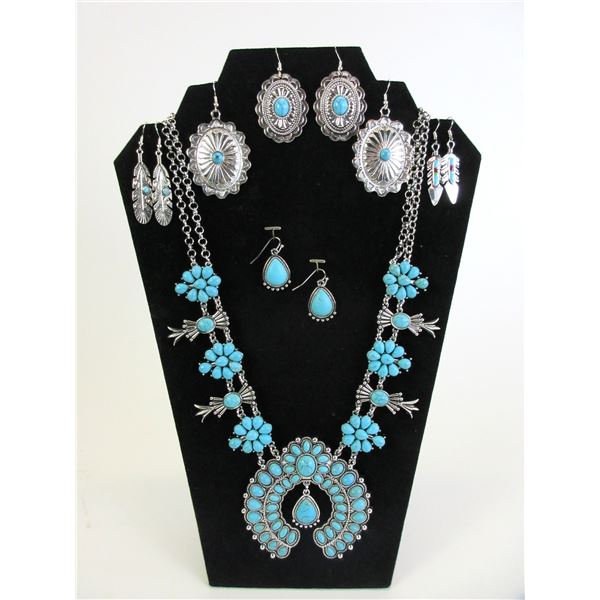 Unmarked Turquoise Necklace With 5 Pair Of Unmarked Turquoise Earrings- Case Does Not Sell