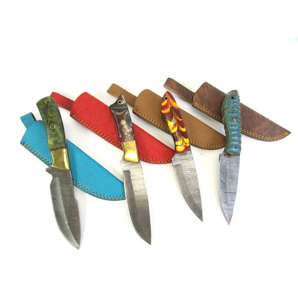 4 New Damascus Knives With Sheaths- 4.5" Blades- 4.5" Handles