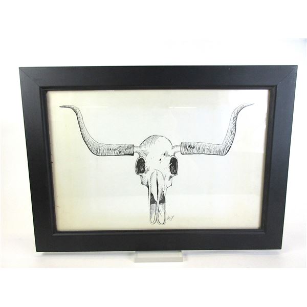 Original Pencil And Ink Steer Skull Drawing Signed Will Bushie- 21" X 15.5"