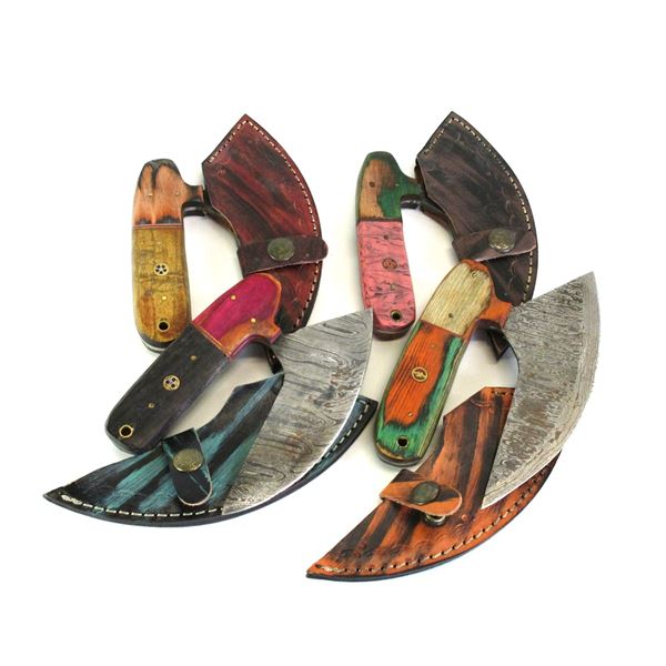 4 New Damascus Ulu Knives With Sheaths- 6" Blades- 5" Handles