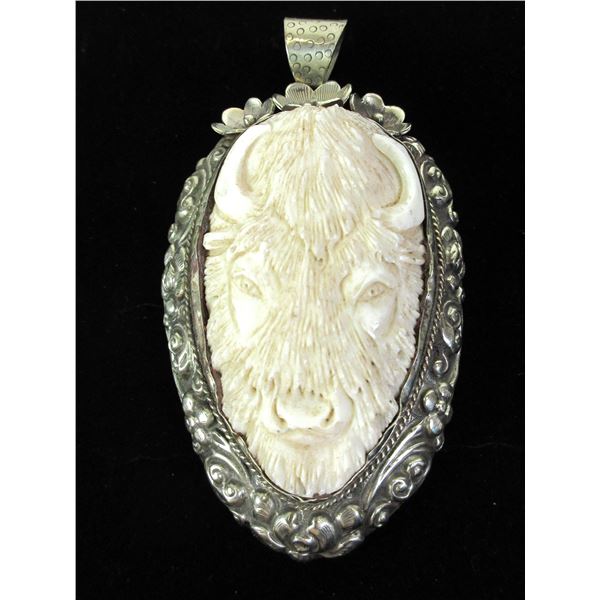 Large Bone Carved Buffalo Pendent- 4" X 2.25"