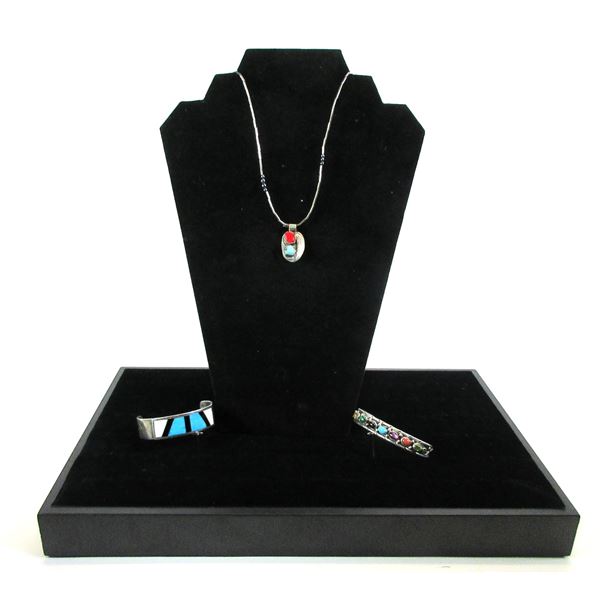 Marked Sterling Natural Gemstone Bracelet- Unmarked Sterling Turquoise And Coral Necklace- Inlaid Br