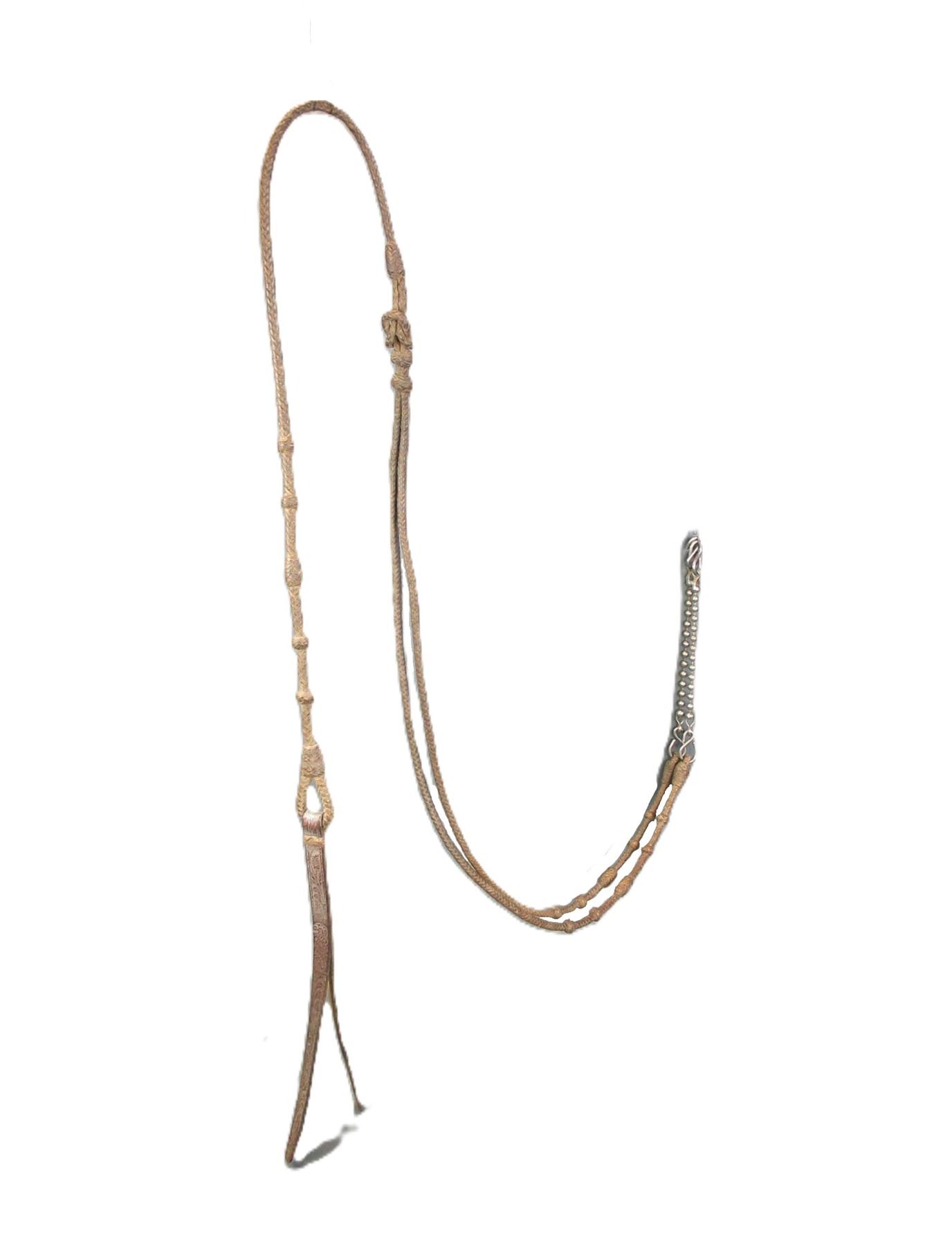 Showman ® Braided Natural Rawhide & Teal Romal Reins with Leather Popper Showman ® Braided Natural Rawhide & Teal Romal Reins with Leather Popper