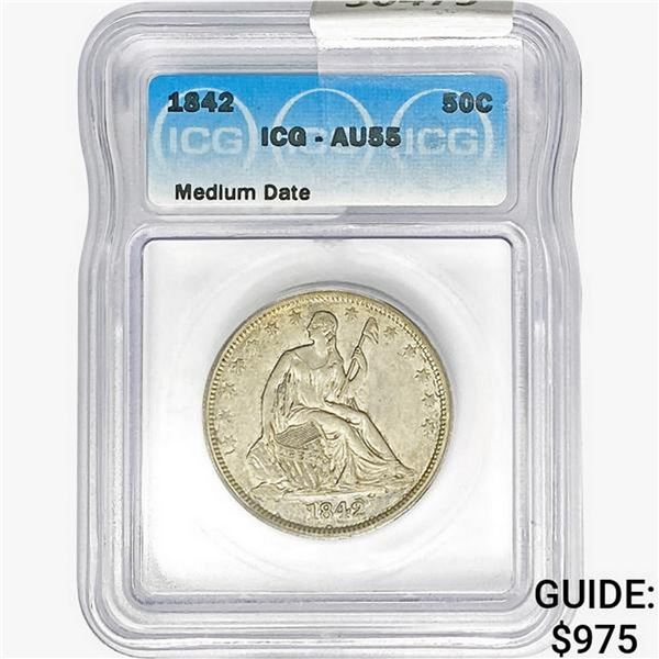 1842 Seated Liberty Half Dollar ICG AU55 Medium Da